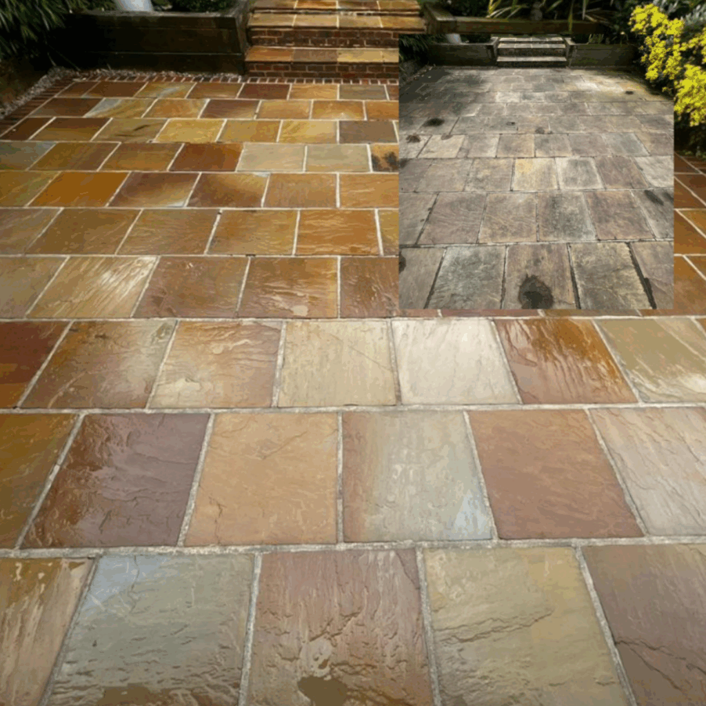 Patio and brick cleaning before and after comparison showcasing restored surfaces, highlighting the effectiveness of Clearwater Cleaning Services' eco-friendly methods.